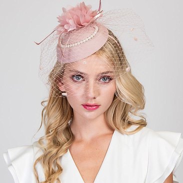 PRETTY FASCINATOR ACCENTED WITH PEARLS AND FISHNET