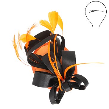 SINAMAY CAP Fascinator - LOOPY Ribbon and FEATHER Accented