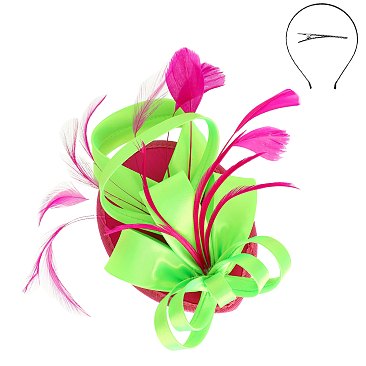 SINAMAY CAP Fascinator - LOOPY Ribbon and FEATHER Accented