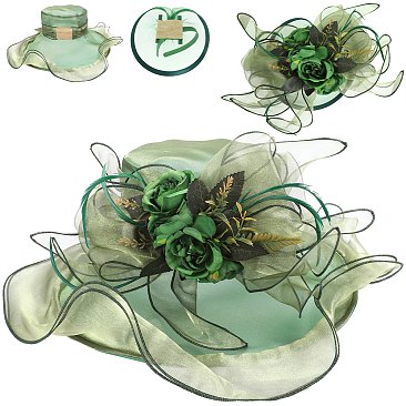 2 in 1 LARGE BRIM Organza FLAT TOP HAT and FLORAL FASCINATOR