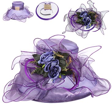 2 in 1 LARGE BRIM Organza FLAT TOP HAT and FLORAL FASCINATOR