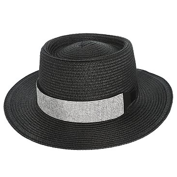 Flat Top Fedora Straw Hat with Crystal Strip