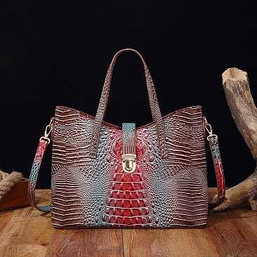 Tie-dyed 3in1 Crocodile Skin Large Push Lock Satchel Bag