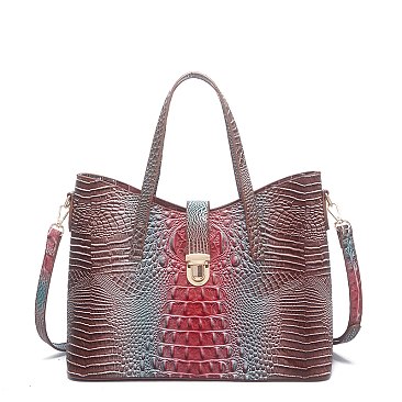 Tie-dyed 3in1 Crocodile Skin Large Push Lock Satchel Bag