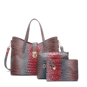 Tie-dyed 3in1 Crocodile Skin Large Push Lock Satchel Bag