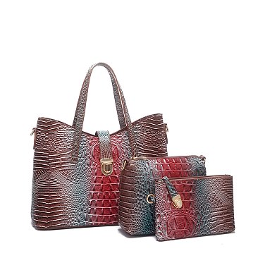 Tie-dyed 3in1 Crocodile Skin Large Push Lock Satchel Bag