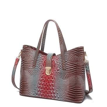 Tie-dyed 3in1 Crocodile Skin Large Push Lock Satchel Bag