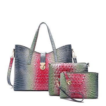 Tie-dyed 3in1 Crocodile Skin Large Push Lock Satchel Bag