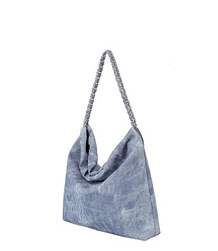 Denim Large Hobo Tote Bag With Chain Detail Strap