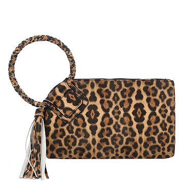 Leopard Cuff Handle Tassel Wristlet Clutch