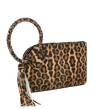 Leopard Cuff Handle Tassel Wristlet Clutch