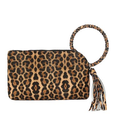 Leopard Cuff Handle Tassel Wristlet Clutch