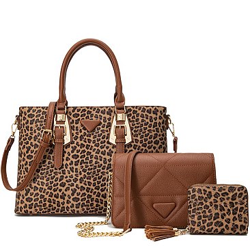 Leopard Buckle Top Handle Satchel 3-in-1 Set