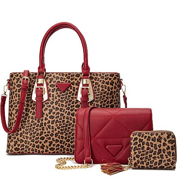 Leopard Buckle Top Handle Satchel 3-in-1 Set