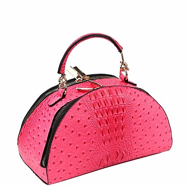 2-Way Neon Ostrich Print Medium Half-Moon Satchel