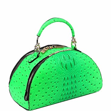 2-Way Neon Ostrich Print Medium Half-Moon Satchel