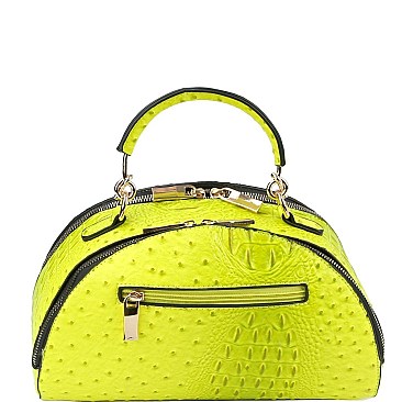 2-Way Neon Ostrich Print Medium Half-Moon Satchel