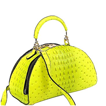 2-Way Neon Ostrich Print Medium Half-Moon Satchel