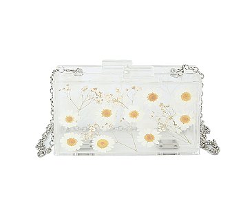 Flower Printed Acrylic See Thru Boxy Crossbody Clutch