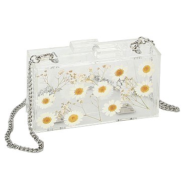 Flower Printed Acrylic See Thru Boxy Crossbody Clutch