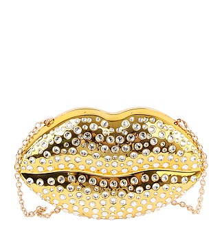 Rhinestone Metallic Lips Clutch Crossbody Bag