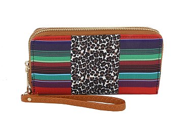 Tribal Printed Canvas Double Zip Around Wallet Wristlet