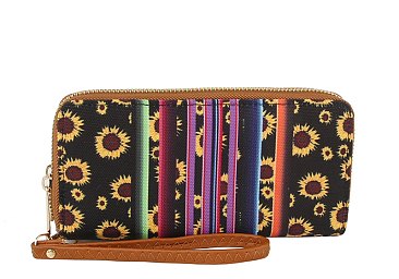 Tribal Printed Canvas Double Zip Around Wallet Wristlet