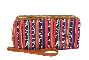 Tribal Printed Canvas Double Zip Around Wallet Wristlet