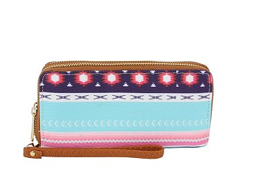 Tribal Printed Canvas Double Zip Around Wallet Wristlet