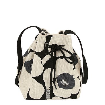 Knitted Canvas Flower Bucket Crossbody Bag