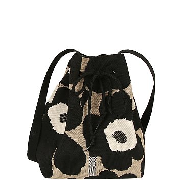 Knitted Canvas Flower Bucket Crossbody Bag