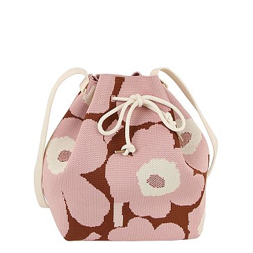 Knitted Canvas Flower Bucket Crossbody Bag