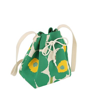 Knitted Canvas Flower Bucket Crossbody Bag