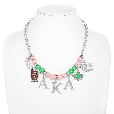 ALPHA KAPPA ALPHA Sorority Crystal Enamel Coated Adjustable Multi Charm SILVER Necklace