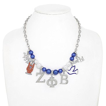 ZETA PHI BETA Sorority Crystal Enamel Coated Adjustable Multi Charm SILVER Necklace