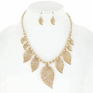 CUTE METAL LEAF CHARM NECKLACE AND EARRINGS SET