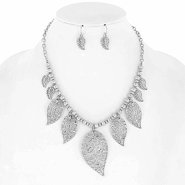 CUTE METAL LEAF CHARM NECKLACE AND EARRINGS SET