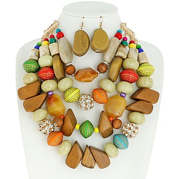 UNIQUE BEEFY AFRICAN TRIBE WOODEN BEAD, AGATE STONE, RHINESTONE BALL BIB STATEMENT NECKLACE AND E...