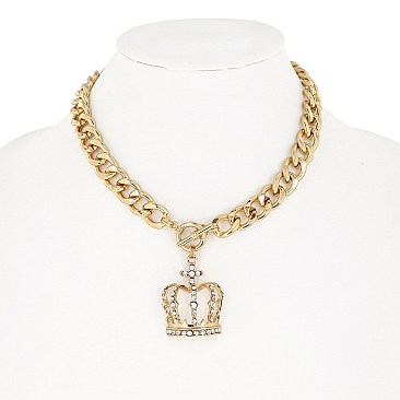 FASHION CROWN PENDANT CRYSTAL RHINESTONE CHAIN LINK TOGGLE NECKLACE