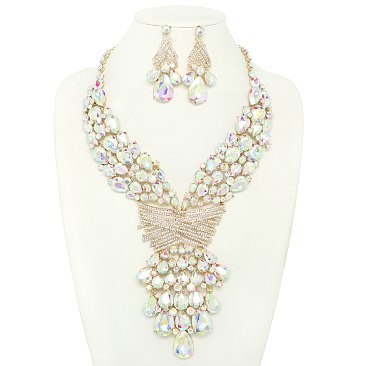 COLORED CRYSTAL TEARDROP STATEMENT NECKLACE SET