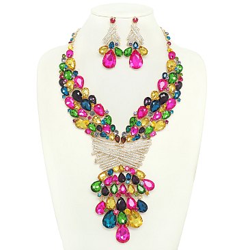 COLORED CRYSTAL TEARDROP STATEMENT NECKLACE SET