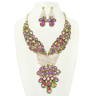 COLORED CRYSTAL TEARDROP STATEMENT NECKLACE SET