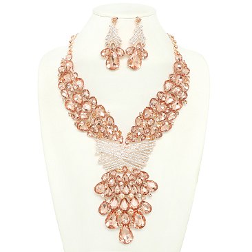 COLORED CRYSTAL TEARDROP STATEMENT NECKLACE SET