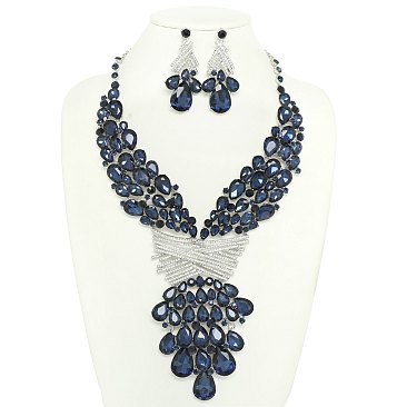 COLORED CRYSTAL TEARDROP STATEMENT NECKLACE SET