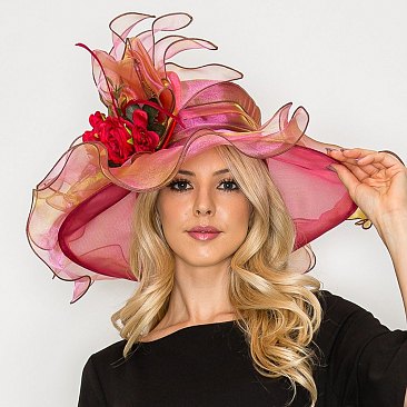 2 in 1 LARGE BRIM Organza FLAT TOP HAT and FLORAL FASCINATOR