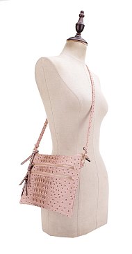 Ostrich Multi Zip Pocket Crossbody Bag