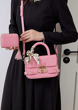 2 in 1 Fashion Scarfed Colorblock Twist Lock Flap Satchel with Wallet