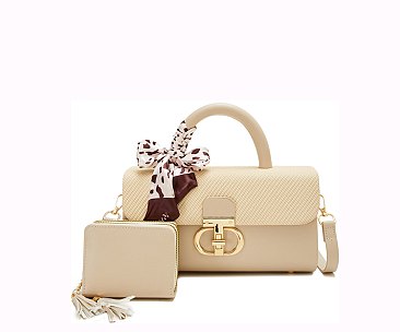 2 in 1 Fashion Colorblock Twist Lock Flap Satchel with Wallet