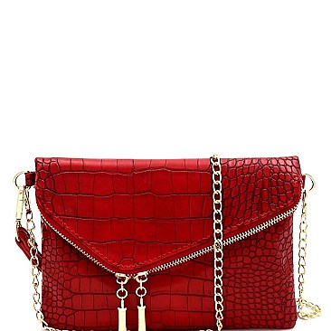 ASYMMETRICAL CROCODILE PRINT FLAP CLUTCH