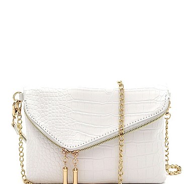 ASYMMETRICAL CROCODILE PRINT FLAP CLUTCH